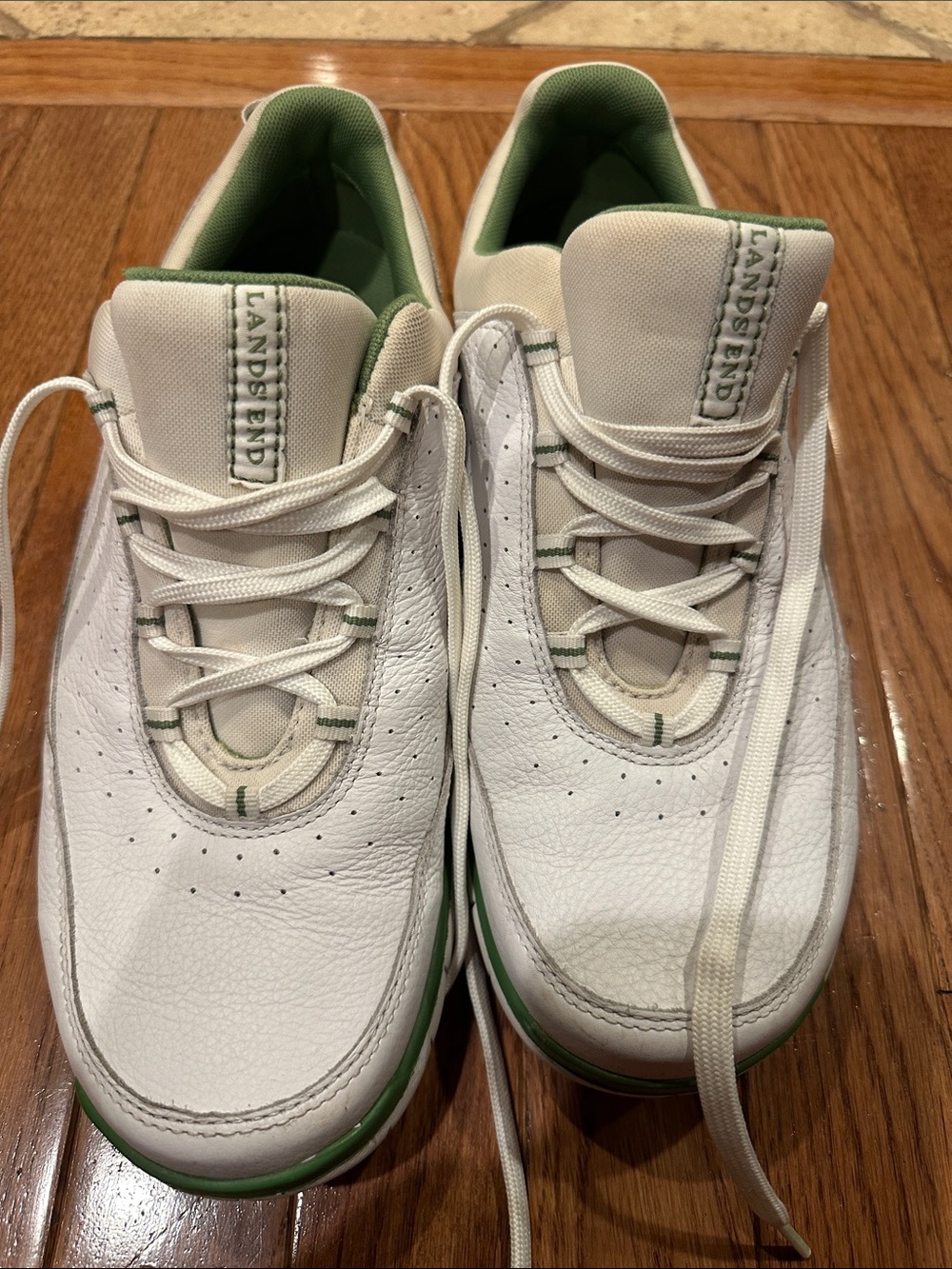 Lands' End Men's White Leather Sneakers with Green Trim